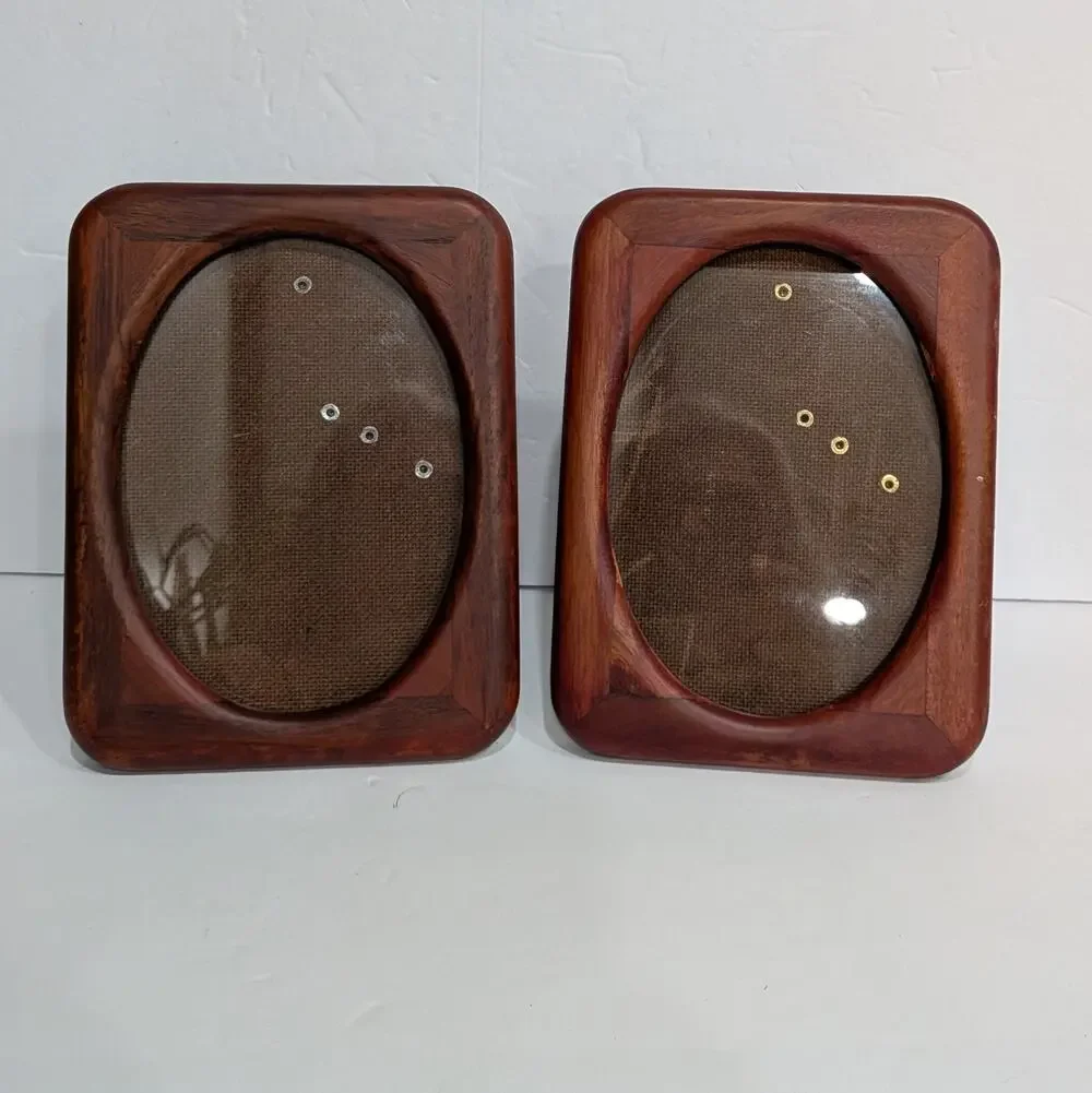 Vintage MCM Teak Oval Opening Picture Frame Pair Tabletop Wall 5x7